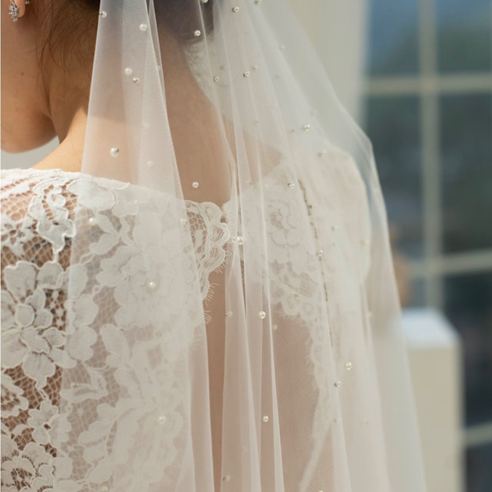 Elegant Pearl-Embellished White Veil